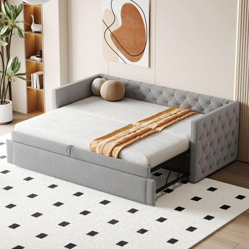 Lit Gigogne 90x200 Cm Multifonction Avec Sommier, Convertible Chambre D’amis, Velours Gris Clair