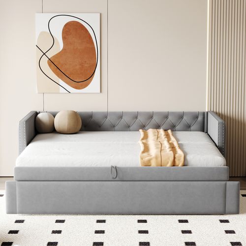 Lit Gigogne 90x200 Cm Multifonction Avec Sommier, Convertible Chambre D’amis, Velours Gris Clair