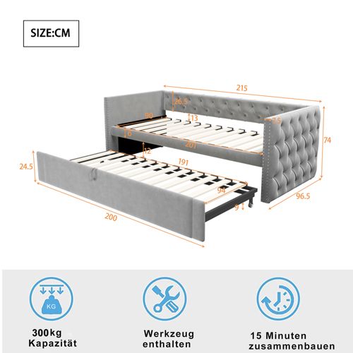 Lit Gigogne 90x200 Cm Multifonction Avec Sommier, Convertible Chambre D’amis, Velours Gris Clair