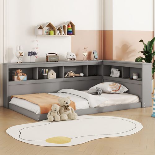 Lit Banquette 90x200 Cm - Lit Ado Avec Rangement, Prise Secteur Et 2 Ports USB Intégrés - Mdf Gris