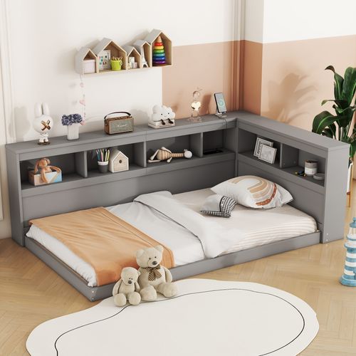 Lit Banquette 90x200 Cm - Lit Ado Avec Rangement, Prise Secteur Et 2 Ports USB Intégrés - Mdf Gris