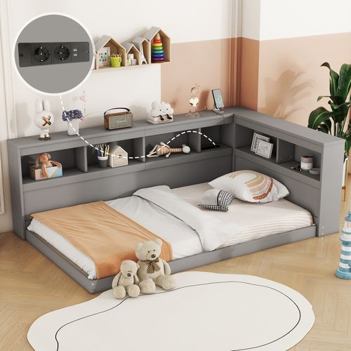 Lit Banquette 90x200 Cm - Lit Ado Avec Rangement, Prise Secteur Et 2 Ports USB Intégrés - Mdf Gris
