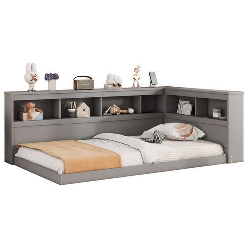 Lit Banquette 90x200 Cm - Lit Ado Avec Rangement, Prise Secteur Et 2 Ports USB Intégrés - Mdf Gris