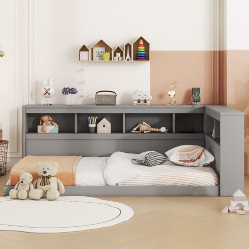 Lit Banquette 90x200 Cm - Lit Ado Avec Rangement, Prise Secteur Et 2 Ports USB Intégrés - Mdf Gris