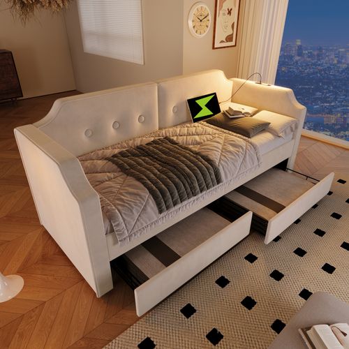 Lit Banquette 90x200 Cm, Lit Simple Enfant/ado Avec Tiroirs De Rangement, Ports USB, Velours, Beige