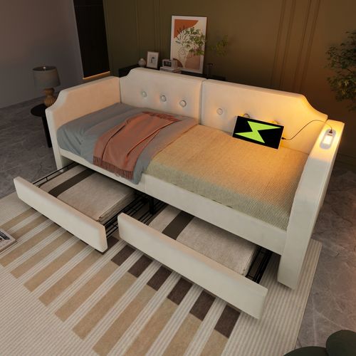 Lit Banquette 90x200 Cm, Lit Simple Enfant/ado Avec Tiroirs De Rangement, Ports USB, Velours, Beige