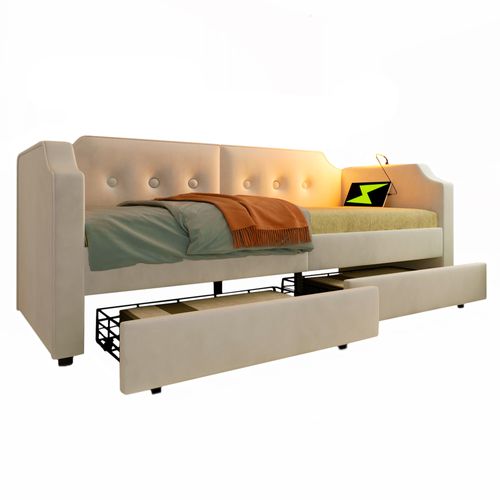 Lit Banquette 90x200 Cm, Lit Simple Enfant/ado Avec Tiroirs De Rangement, Ports USB, Velours, Beige