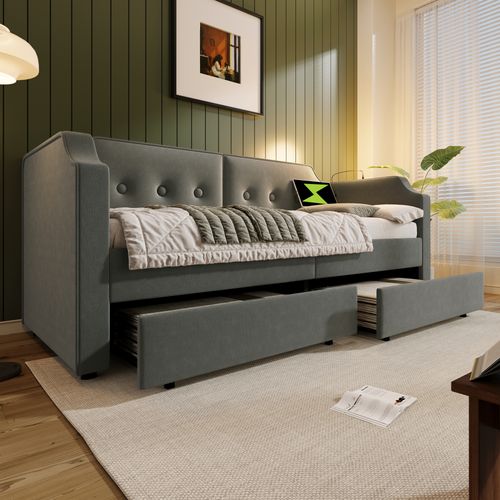 Lit Banquette 90x200 Cm, Lit Simple Enfant/ado Avec Tiroirs De Rangement, Ports USB, Velours, Gris