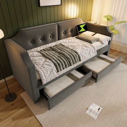 Lit Banquette 90x200 Cm, Lit Simple Enfant/ado Avec Tiroirs De Rangement, Ports USB, Velours, Gris