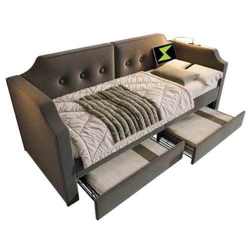 Lit Banquette 90x200 Cm, Lit Simple Enfant/ado Avec Tiroirs De Rangement, Ports USB, Velours, Gris