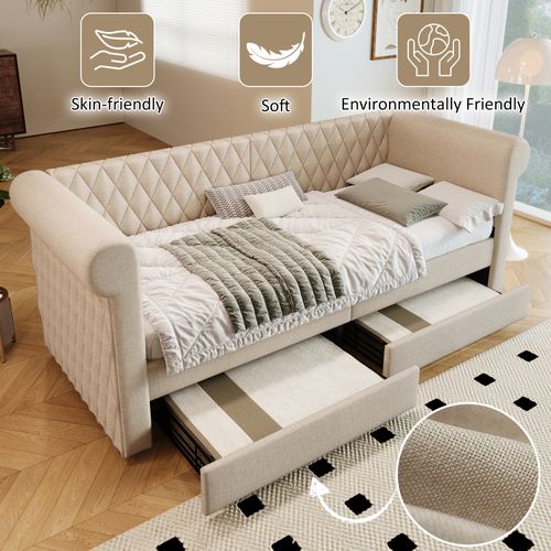 Lit Banquette 90x200 Cm, Lit Simple Enfant/ado Avec Deux Tiroirs Et Dossier Haut, Tissu Lin, Beige