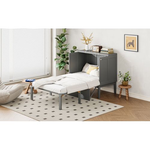 Lit Escamotable Ado - Lit Mural 90x200 Cm, Lit Pliable Avec Sommier à Lattes, Bois Et Métal, Gris