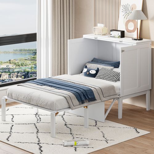 Lit Escamotable Ado - Lit Mural 90x200 Cm, Lit Pliable Vertical Avec Sommier, Bois Blanc