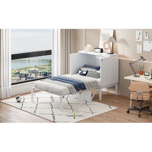 Lit Escamotable Ado - Lit Mural 90x200 Cm, Lit Pliable Vertical Avec Sommier, Bois Blanc