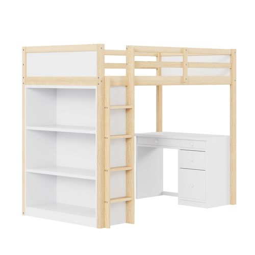 Lit Mezzanine 90x200 Cm - Lit Enfant Avec Bureau Et Rangement, Lit Combiné Bois Naturel Et Blanc