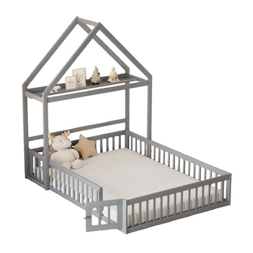 Lit Enfant 140x200 Cm - Lit Cabane Double Avec Barrières Et Porte, Cadre En Bois, Gris