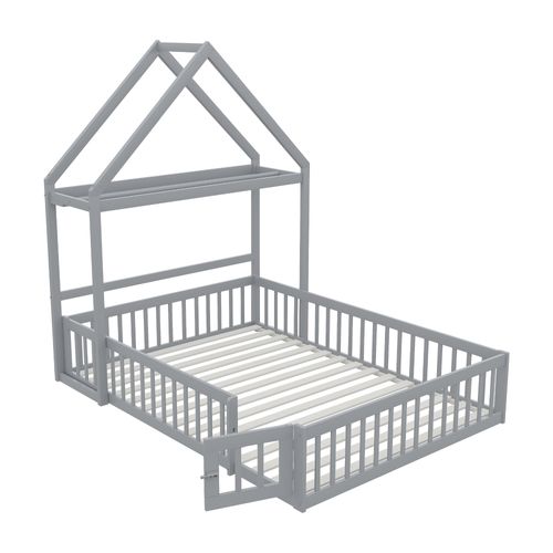 Lit Enfant 140x200 Cm - Lit Cabane Double Avec Barrières Et Porte, Cadre En Bois, Gris