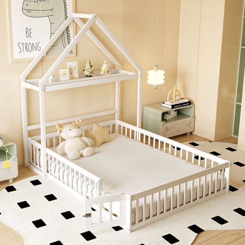 Lit Enfant 140x200 Cm - Lit Double Cabane Avec Grille Et Porte, Cadre En Bois, Blanc