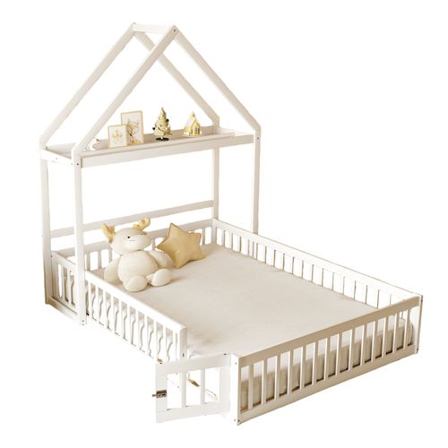 Lit Enfant 140x200 Cm - Lit Double Cabane Avec Grille Et Porte, Cadre En Bois, Blanc