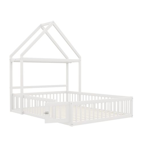 Lit Enfant 140x200 Cm - Lit Double Cabane Avec Grille Et Porte, Cadre En Bois, Blanc