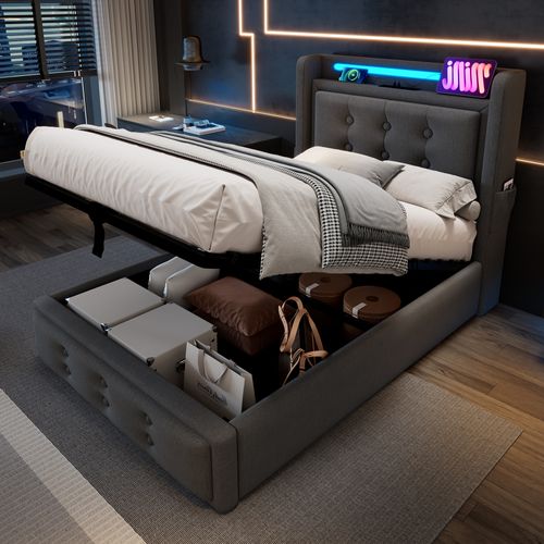 Lit Coffre Simple 90 X 200 Cm - Tête De Lit LED Et Charge USB C - Bois, Coton, Métal - Gris