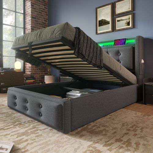 Lit Coffre Simple 90 X 200 Cm - Tête De Lit LED Et Charge USB C - Bois, Coton, Métal - Gris