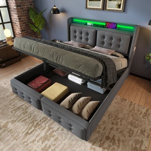 Lit Coffre Double 160 X 200 Cm - Avec Tête De Lit LED Et Charge USB C - Bois, Coton, Métal - Gris