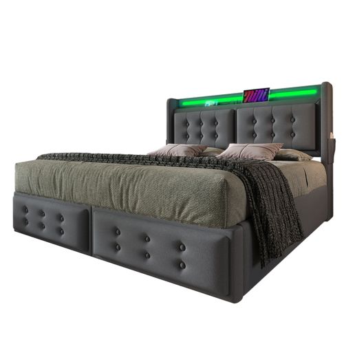 Lit Coffre Double 160 X 200 Cm - Avec Tête De Lit LED Et Charge USB C - Bois, Coton, Métal - Gris