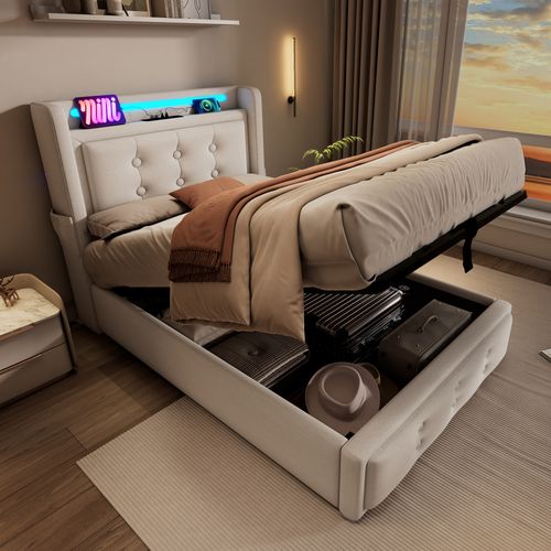 Lit Coffre 90 X 200 Cm - Lit Simple Avec Tête De Lit LED Et USB C - Bois, Coton, Métal - Beige