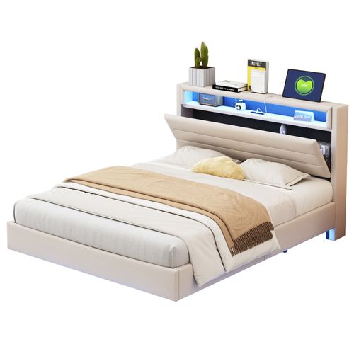 Lit Double 140×200 Cm Rembourré Adulte/ado Avec LED Et Port USB, Tête De Lit Réversible, Lin Beige