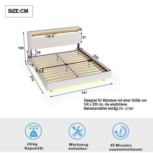 Lit Double 140×200 Cm Rembourré Adulte/ado Avec LED Et Port USB, Tête De Lit Réversible, Lin Beige