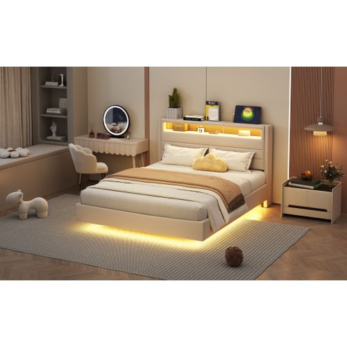 Lit Double 140×200 Cm Rembourré Adulte/ado Avec LED Et Port USB, Tête De Lit Réversible, Lin Beige