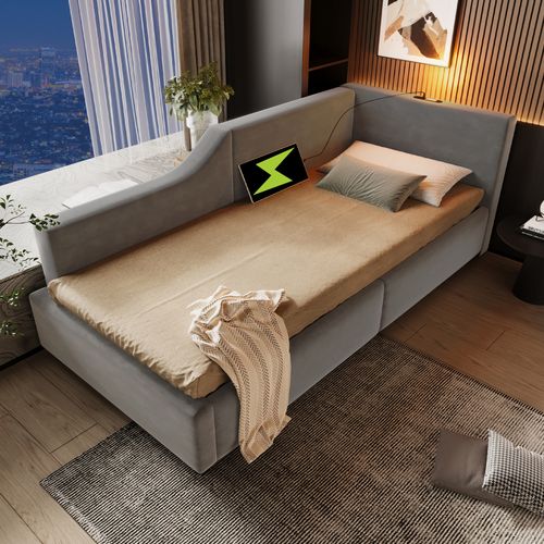 Lit Coffre Enfant 90 X 190 Cm Beige, Lit Simple Rembourré, Lampe De Lecture, Recharge USB-c, Gris