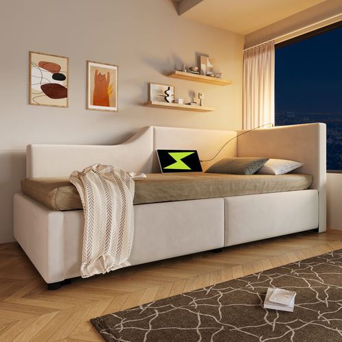 Lit Coffre Enfant 90 X 190 Cm Beige, Lit Simple Rembourré, Lampe De Lecture, Recharge USB-c, Beige