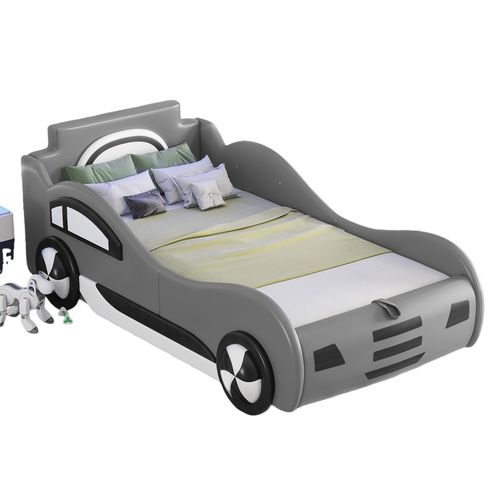 Lit Coffre 90x200 Cm - Lit Enfant Avec Sommier à Lattes Et Rangement Sous Le Lit - Pu + Mdf - Gris