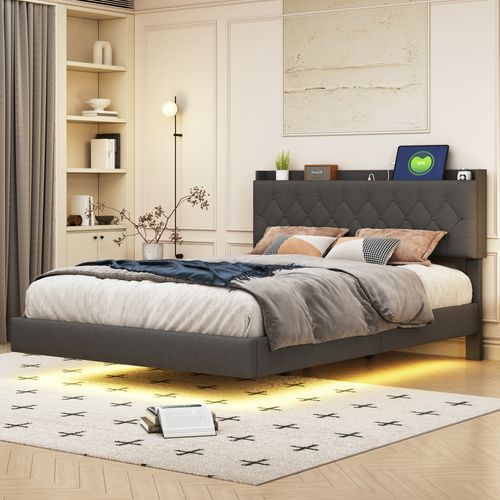 Lit Double 140x200 Cm Avec Éclairage LED Changeant, USB Intégré Et Rangement, Tissu Lin Gris