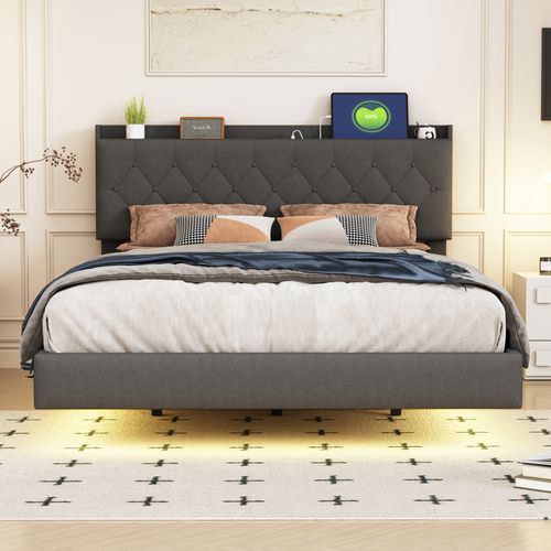 Lit Double 140x200 Cm Avec Éclairage LED Changeant, USB Intégré Et Rangement, Tissu Lin Gris