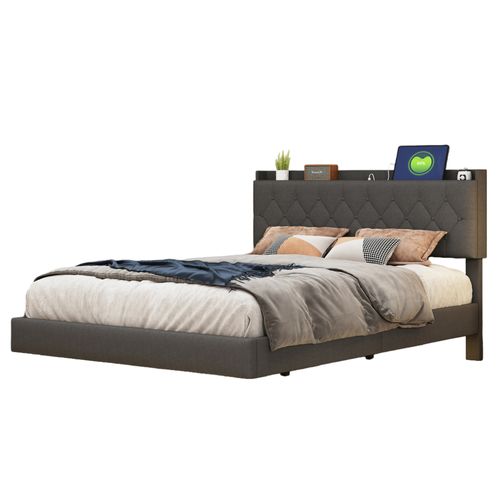 Lit Double 140x200 Cm Avec Éclairage LED Changeant, USB Intégré Et Rangement, Tissu Lin Gris