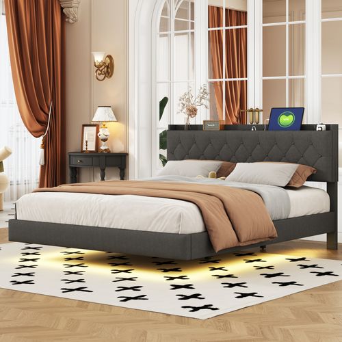 Lit Double 160x200 Cm Avec USB Intégré, Éclairage LED Changeant Et Rangement, Tissu Lin Gris