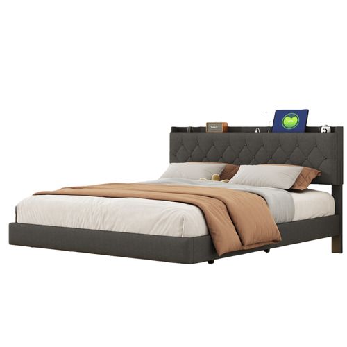 Lit Double 160x200 Cm Avec USB Intégré, Éclairage LED Changeant Et Rangement, Tissu Lin Gris