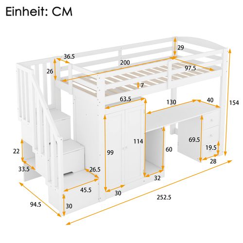 Lit Mezzanine 90x200 Cm - Lit Simple Avec Bureau Et Tiroirs - Pin Et Mdf - Blanc