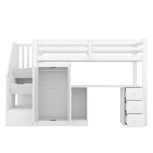 Lit Mezzanine 90x200 Cm - Lit Simple Avec Bureau Et Tiroirs - Pin Et Mdf - Blanc