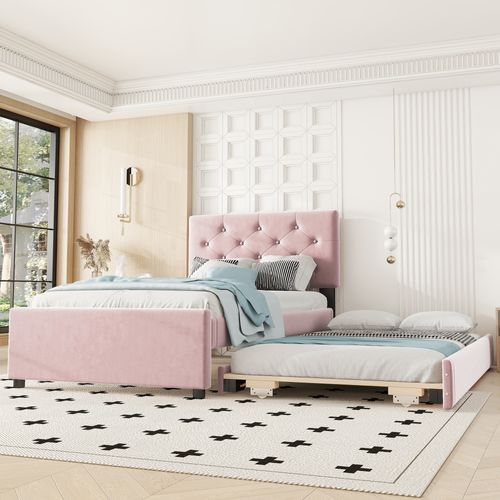 Lit Gigogne 90 X 200 Cm - Lit Simple Rembourré Avec Roulettes - Velours - Rose