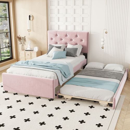 Lit Gigogne 90 X 200 Cm - Lit Simple Rembourré Avec Roulettes - Velours - Rose