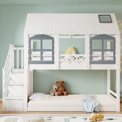 Lit Superposé 90x200 Cm Cabane Enfant, Toit, Fenêtres, Escalier 3 Rangements, Pin+mdf, Blanc/gris
