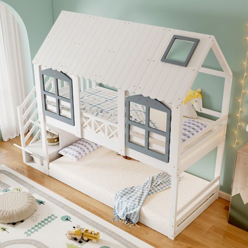 Lit Superposé 90x200 Cm Cabane Enfant, Toit, Fenêtres, Escalier 3 Rangements, Pin+mdf, Blanc/gris