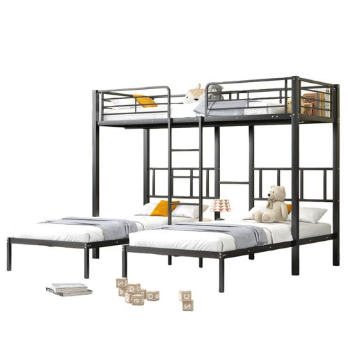 Lit Superposé 90x200 Cm - Lit Triple Avec Barrière De Protection - Métal - Noir