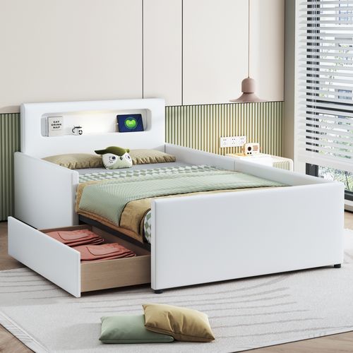 Lit 90x200 Cm Enfant Capitonné Avec Veilleuse, USB, Simili + Métal + Contreplaqué + Mdf Blanc