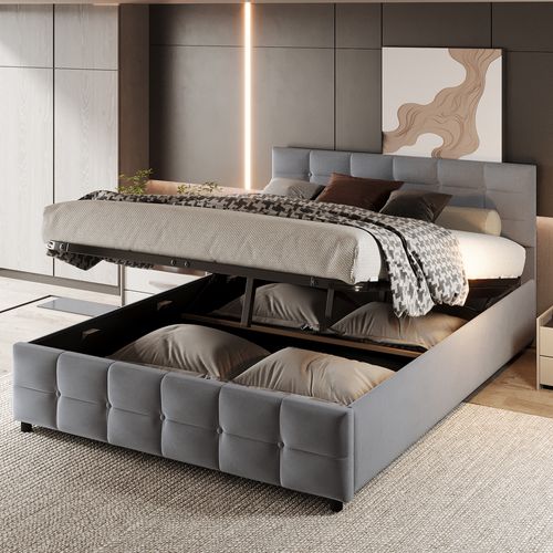 Lit Coffre 180x200 Cm - Lit Hydraulique, Rangement Et Sommier à Lattes, Velours Gris