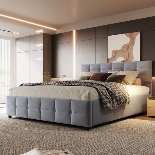 Lit Coffre 180x200 Cm - Lit Hydraulique, Rangement Et Sommier à Lattes, Velours Gris